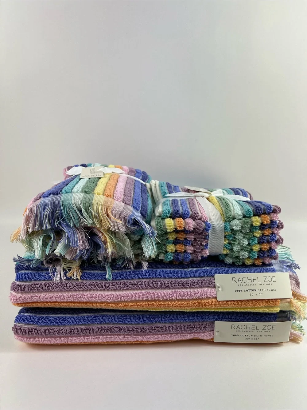 Rachel Zoe Bath Towels Rainbow Pastel Striped with Fringe Cotton 8 Pc Set NEW
